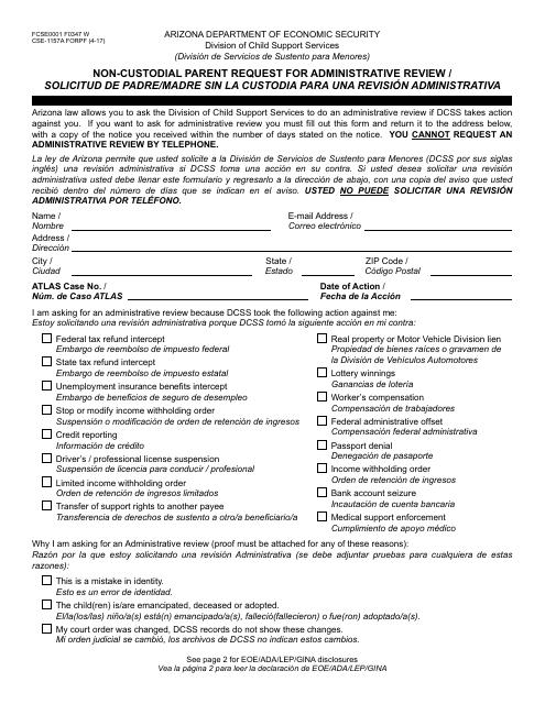 Form CSE-1157A FORPF Non-custodial Parent Request for Administrative Review - Arizona (English/Spanish)