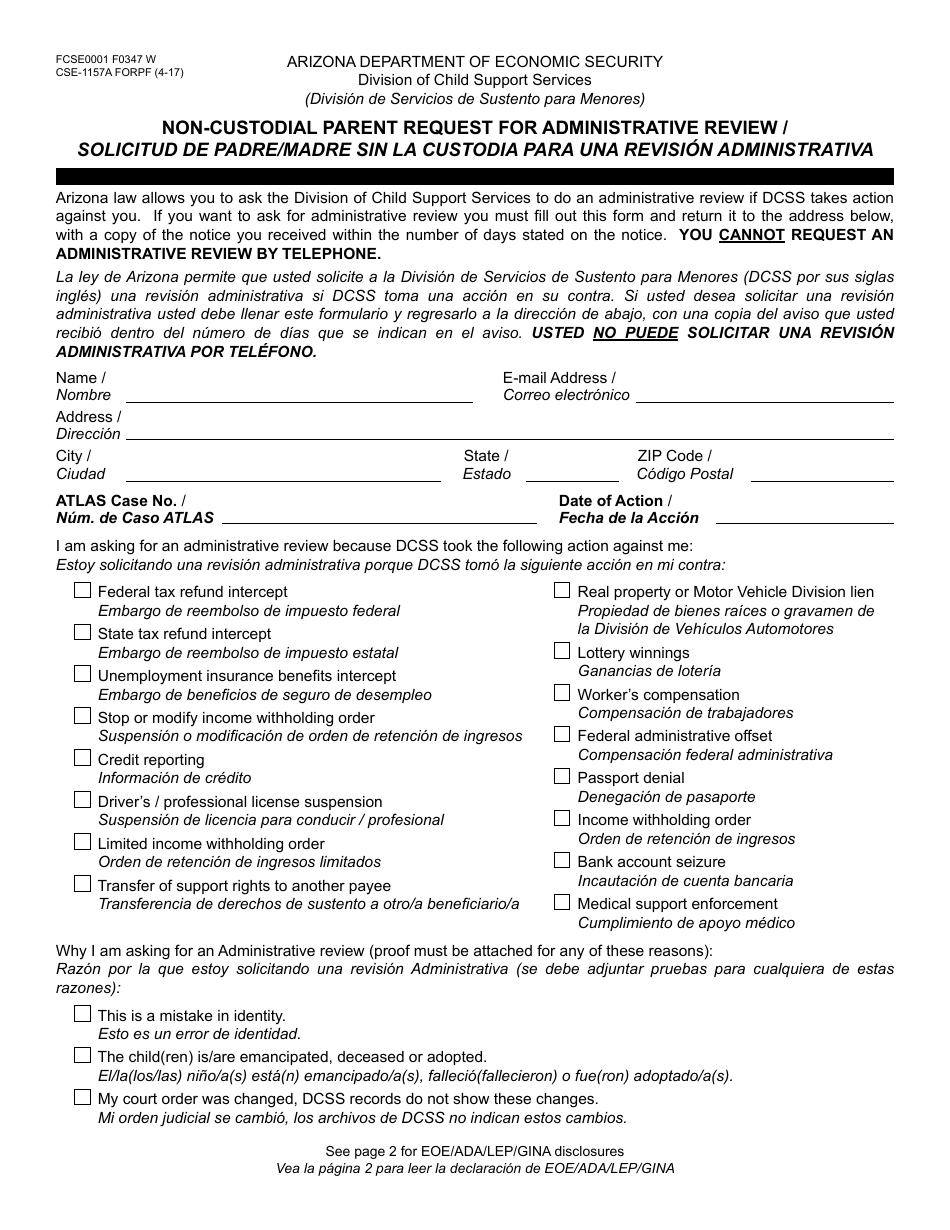 Form CSE-1157A FORPF Non-custodial Parent Request for Administrative Review - Arizona (English / Spanish), Page 1