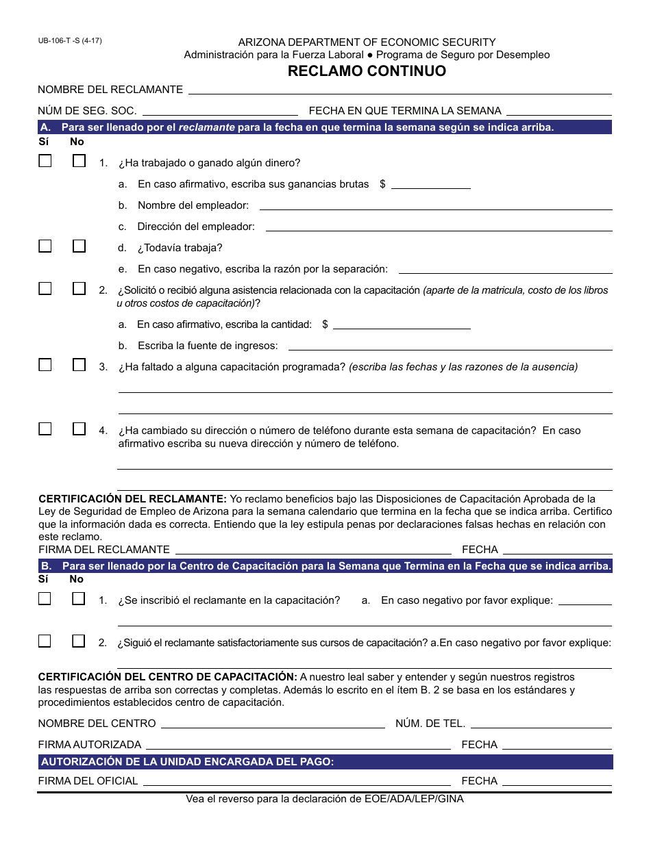 Formulario UB-106-T-S Reclamo Continuo - Arizona (Spanish), Page 1