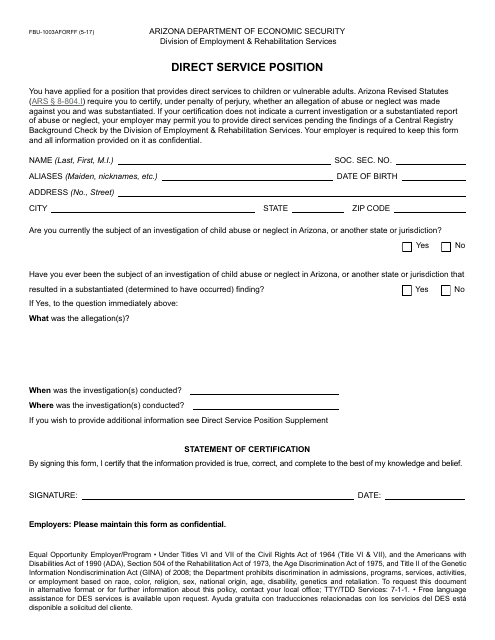 Form FBU-1003AFORFF Direct Service Position - Arizona