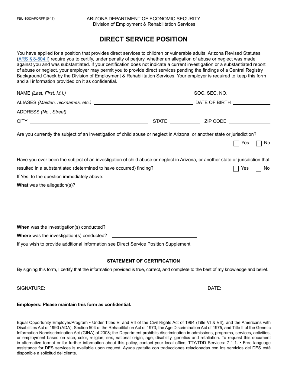 Form FBU-1003AFORFF Direct Service Position - Arizona, Page 1