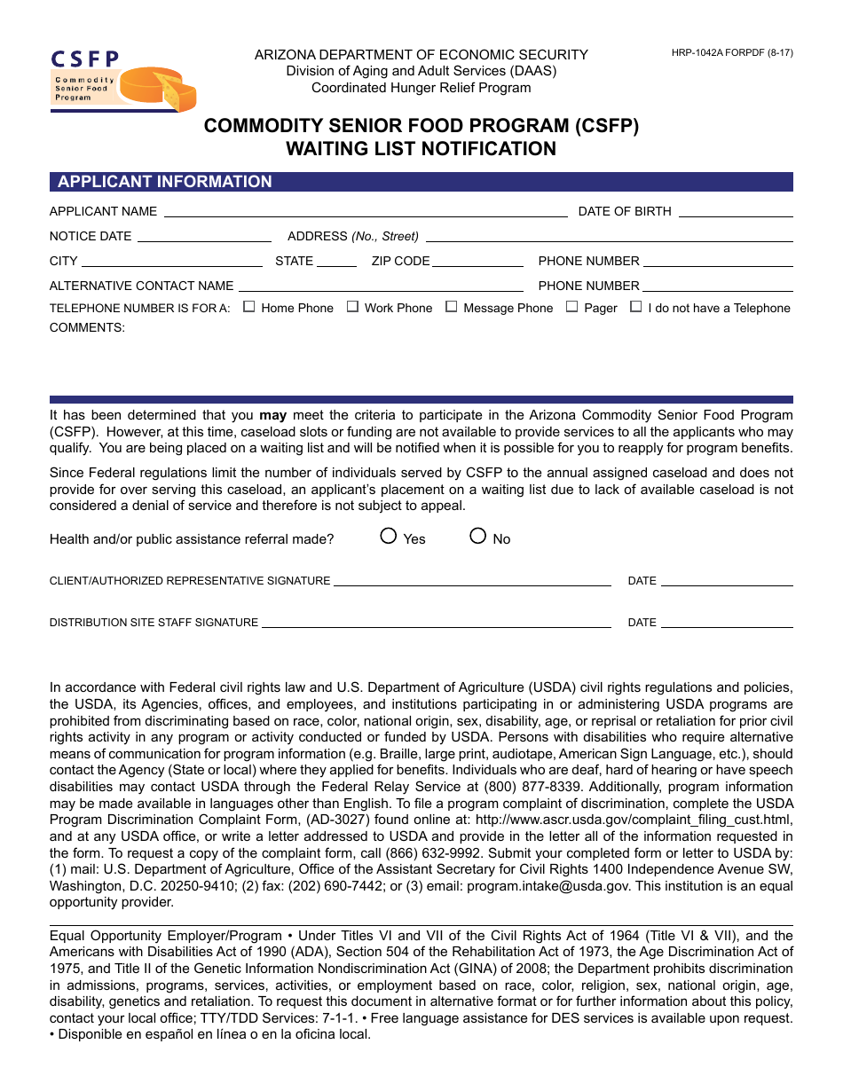 Form HRP-1042A FORPDF Commodity Senior Food Program (Csfp) Waiting List Notification - Arizona, Page 1
