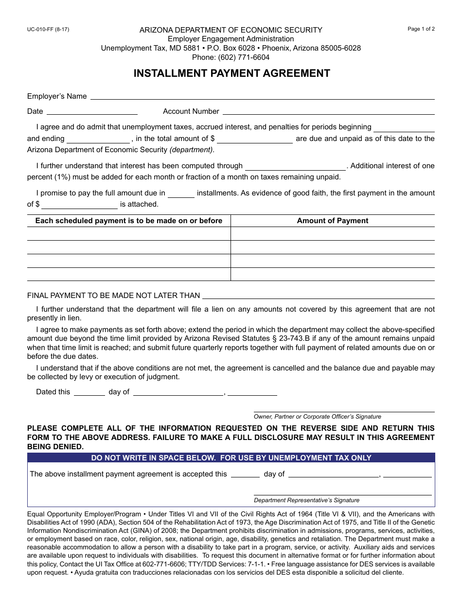 Form UC-010-FF Installment Payment Agreement - Arizona, Page 1
