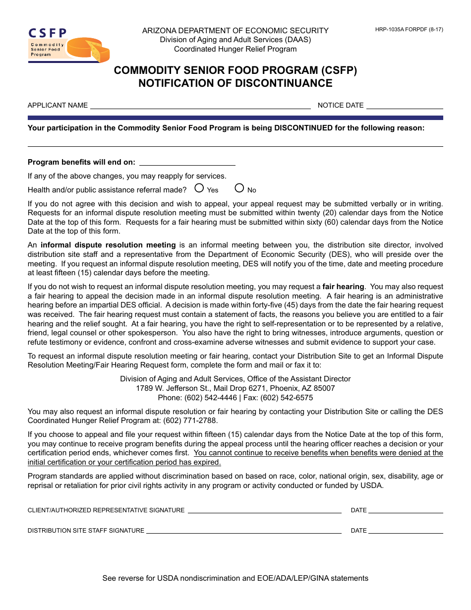 Form HRP-1035A FORPDF Commodity Senior Food Program (Csfp) Notification of Discontinuance - Arizona, Page 1