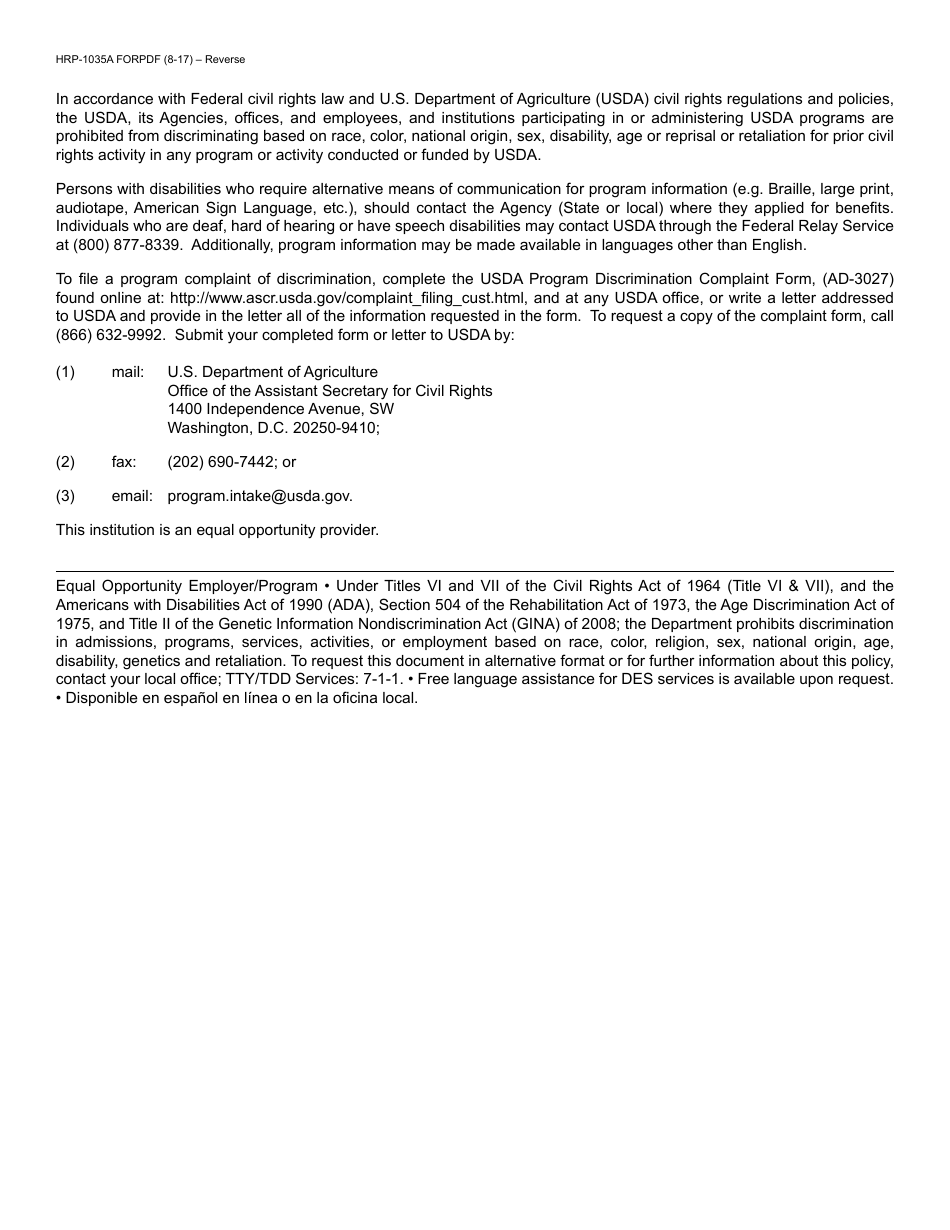 Form HRP-1035A FORPDF Commodity Senior Food Program (Csfp) Notification of Discontinuance - Arizona, Page 2