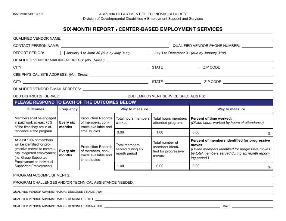 Form DDD-1401BFORFF Six-Month Report - Center-Based Employment Services - Arizona, Page 1