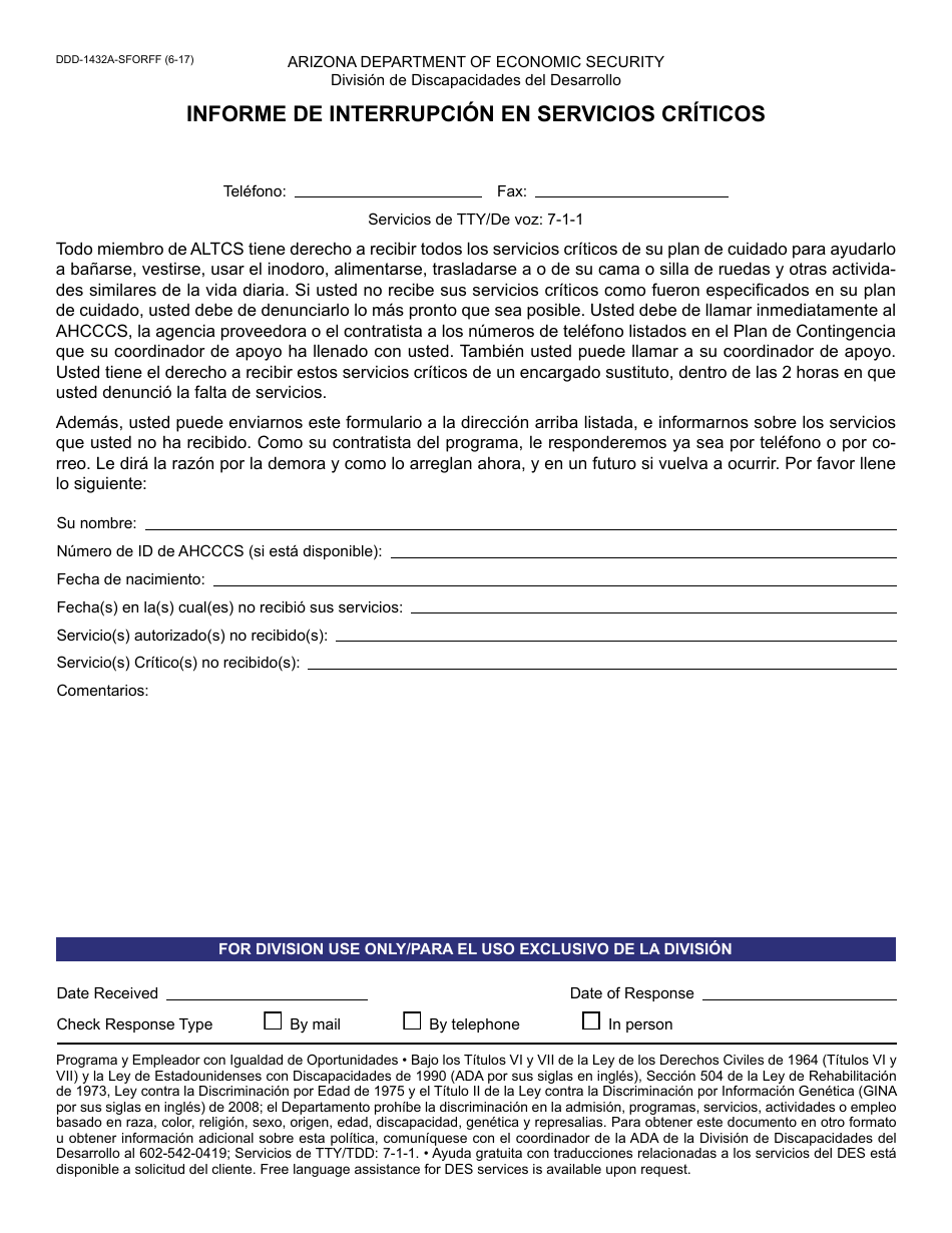 Formulario DDD-1432A-SFORFF Informe De Interrupcion En Servicios Criticos - Arizona (Spanish), Page 1