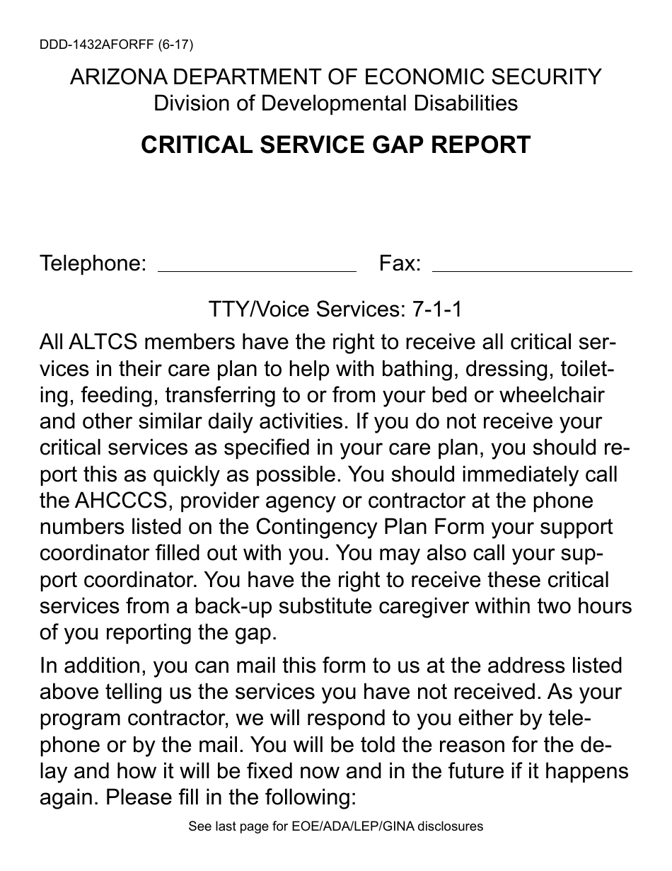 Form DDD-1432AFORFF Critical Service Gap Report (Large Print) - Arizona, Page 1