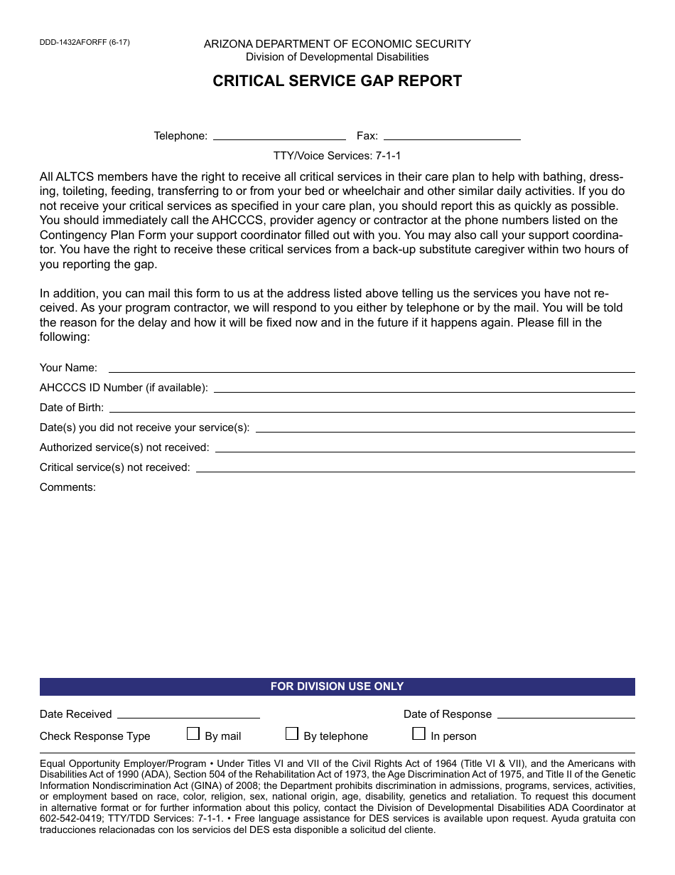 Form DDD-1432AFORFF Critical Service Gap Report - Arizona, Page 1