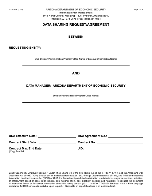 Form J-119 DSA Data Sharing Request/Agreement - Arizona