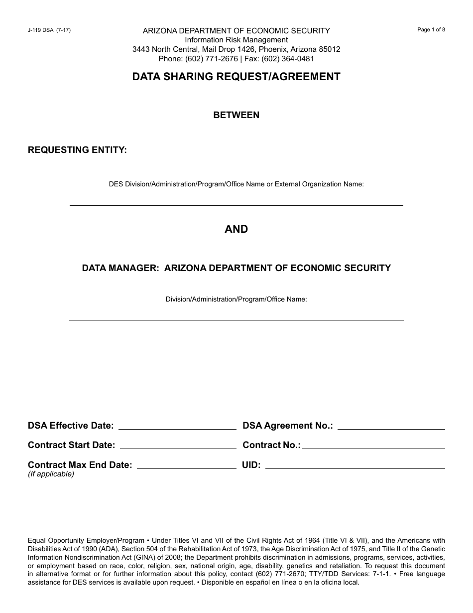 Form J-119 DSA Data Sharing Request / Agreement - Arizona, Page 1