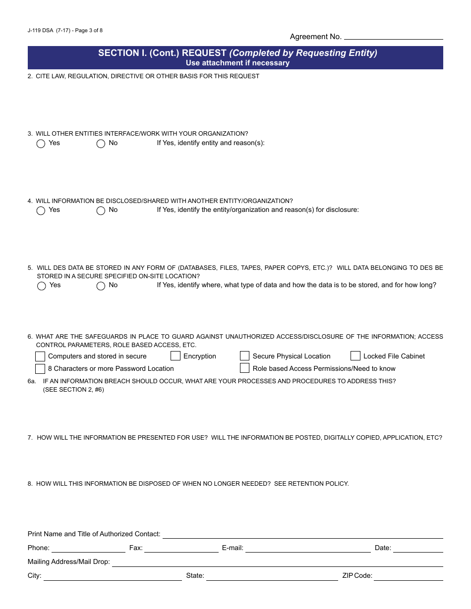 Form J-119 DSA Data Sharing Request / Agreement - Arizona, Page 3