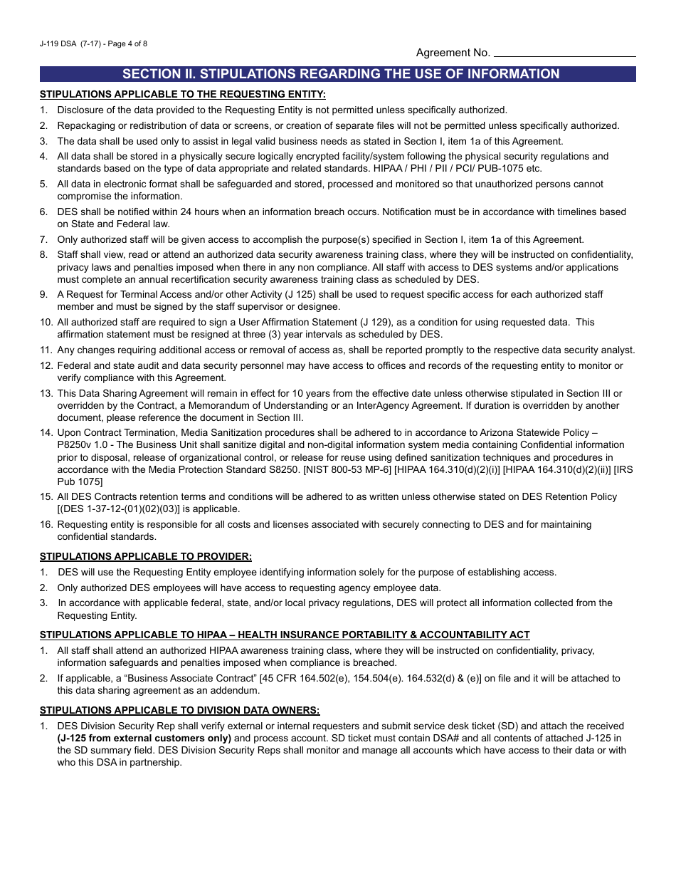 Form J-119 DSA Data Sharing Request / Agreement - Arizona, Page 4