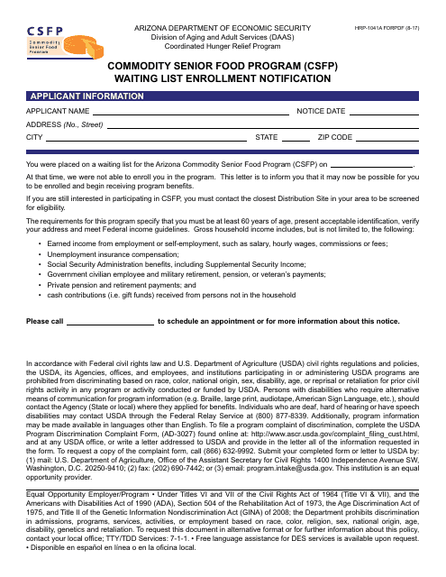 Form HRP-1041A FORPDF Commodity Senior Food Program (Csfp) Waiting List Enrollment Notification - Arizona