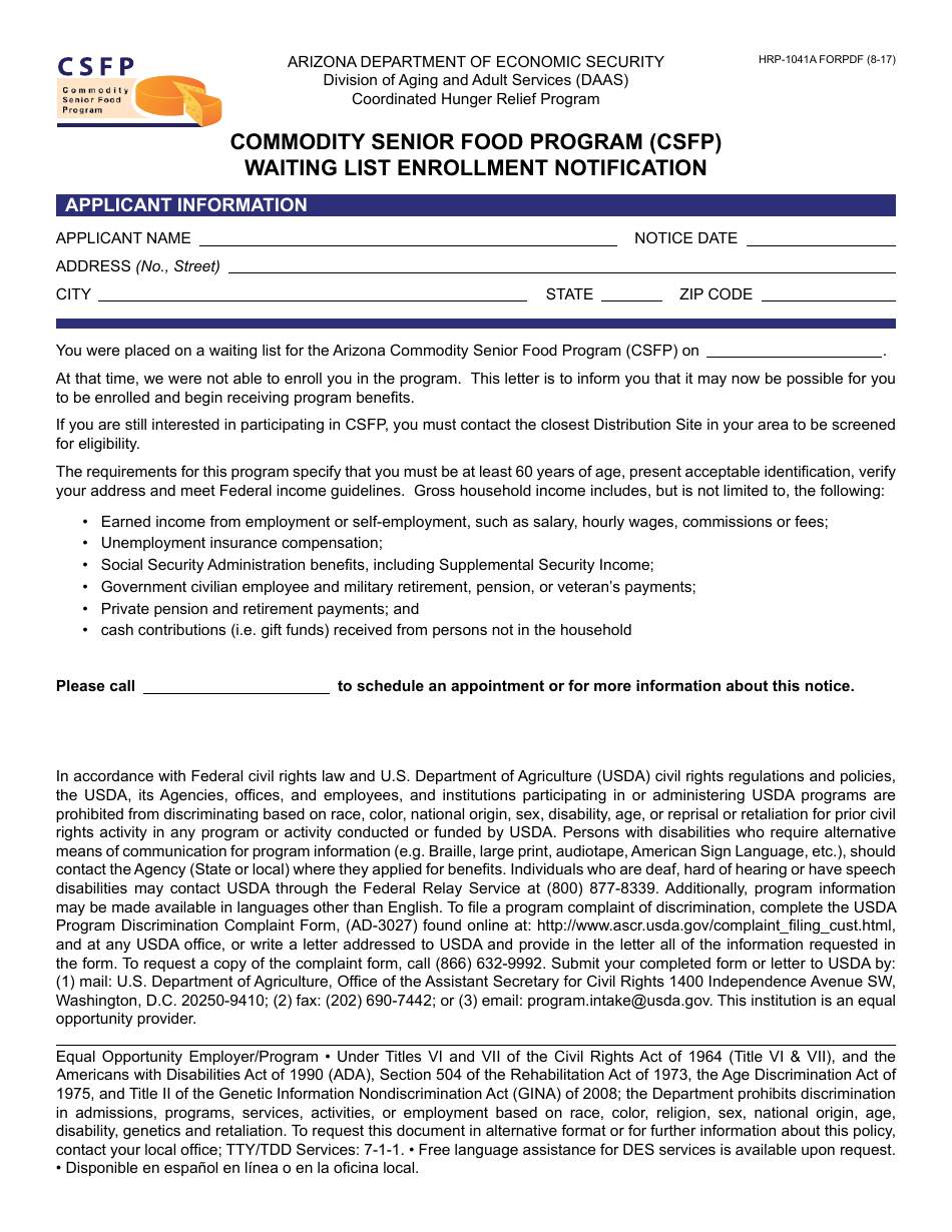Form HRP-1041A FORPDF Commodity Senior Food Program (Csfp) Waiting List Enrollment Notification - Arizona, Page 1