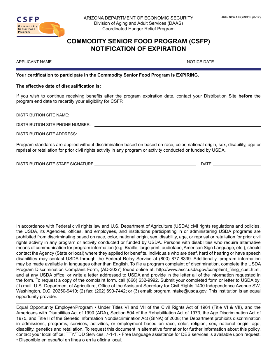 Form HRP-1037A FORPDF Commodity Senior Food Program (Csfp) Notification of Expiration - Arizona, Page 1