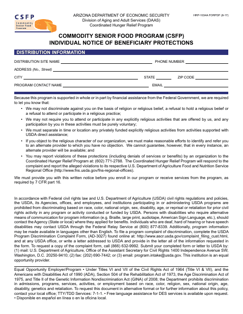 Form HRP-1034A-FORPDF Commodity Senior Food Program (Csfp) Individual Notice of Beneficiary Protections - Arizona