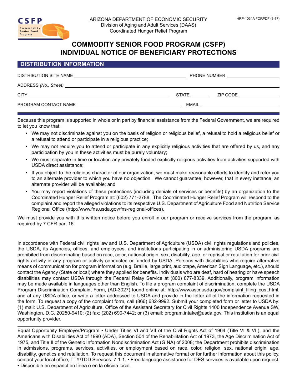 Form HRP-1034A-FORPDF Commodity Senior Food Program (Csfp) Individual Notice of Beneficiary Protections - Arizona, Page 1