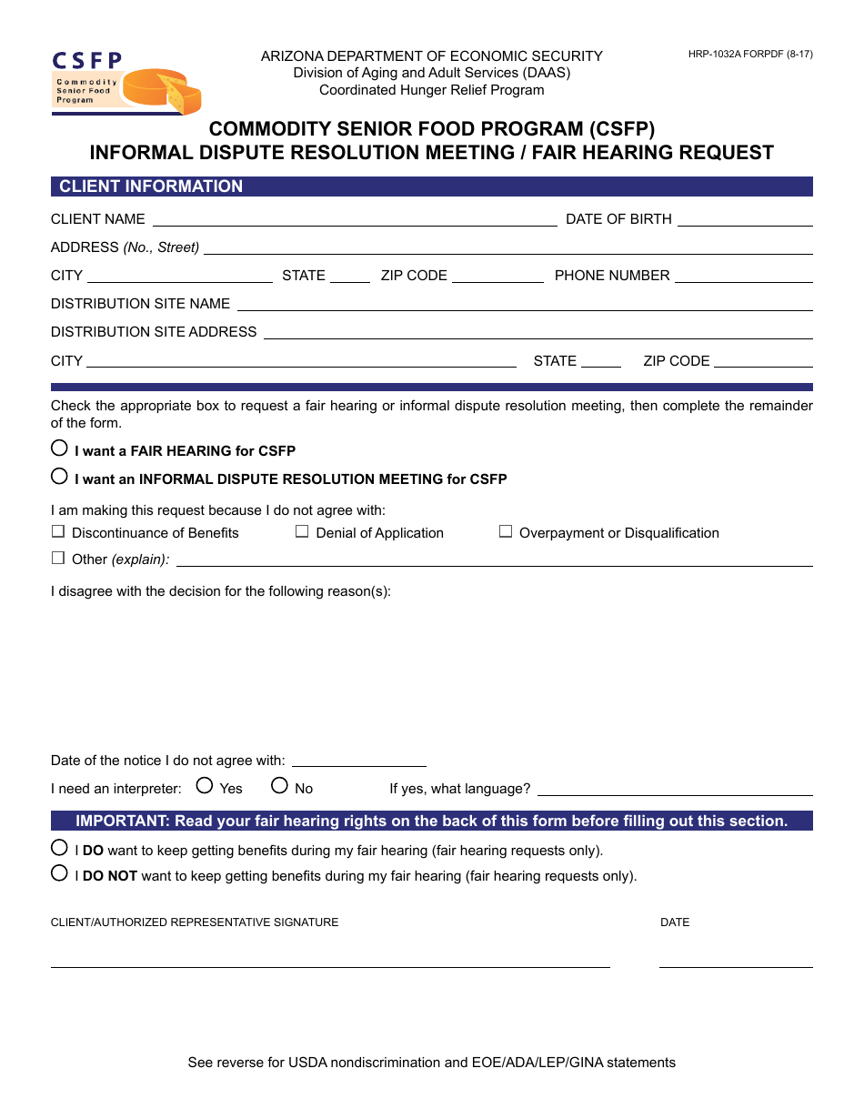 Form HRP-1032A FORPDF Commodity Senior Food Program (Csfp) Informal Dispute Resolution Meeting / Fair Hearing Request - Arizona, Page 1