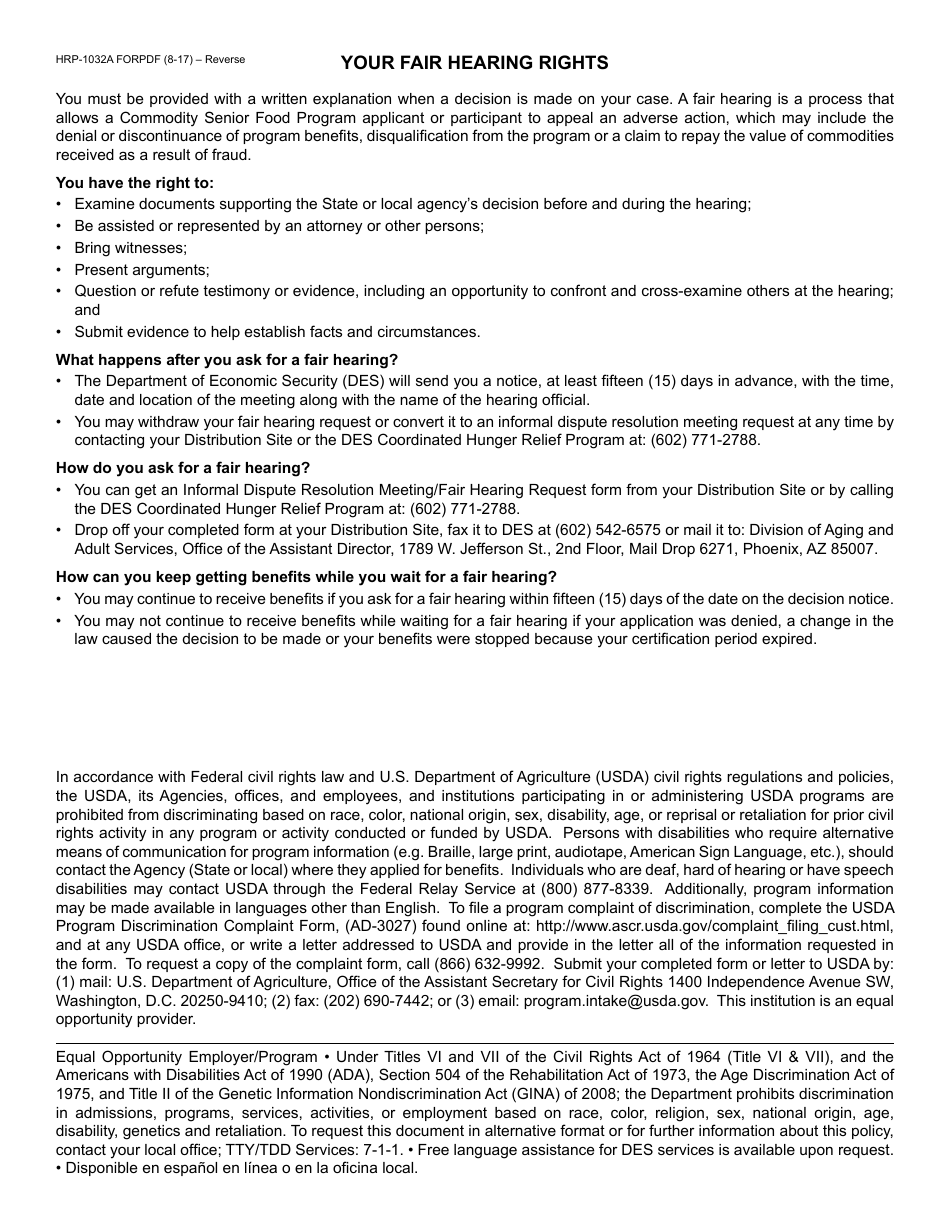 Form HRP-1032A FORPDF Commodity Senior Food Program (Csfp) Informal Dispute Resolution Meeting / Fair Hearing Request - Arizona, Page 2