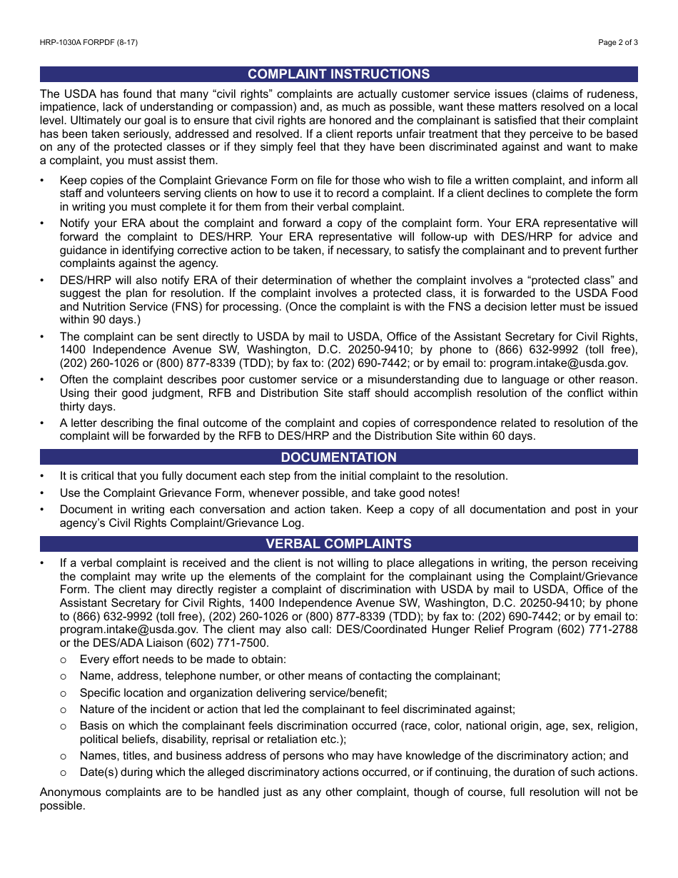 Form HRP-1030A FORPDF Commodity Senior Food Program (Cfsp) Civil Rights Complaint / Grievance - Arizona, Page 2