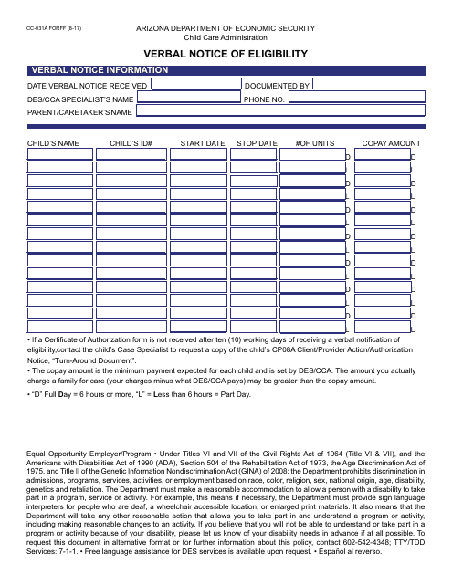 Form CC-031A FORFF Verbal Notice of Eligibility - Arizona (English/Spanish)