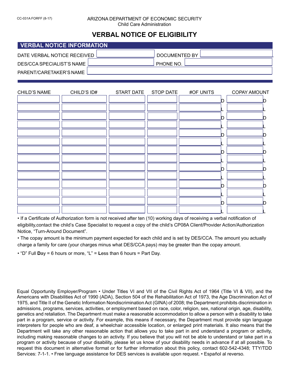 Form CC-031A FORFF Verbal Notice of Eligibility - Arizona (English / Spanish), Page 1