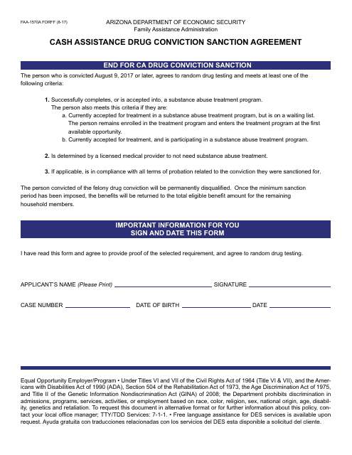 Form FAA-1570A FORFF Cash Assistance Drug Conviction Sanction Agreement - Arizona