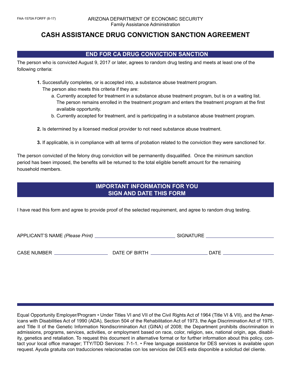 Form FAA-1570A FORFF Cash Assistance Drug Conviction Sanction Agreement - Arizona, Page 1