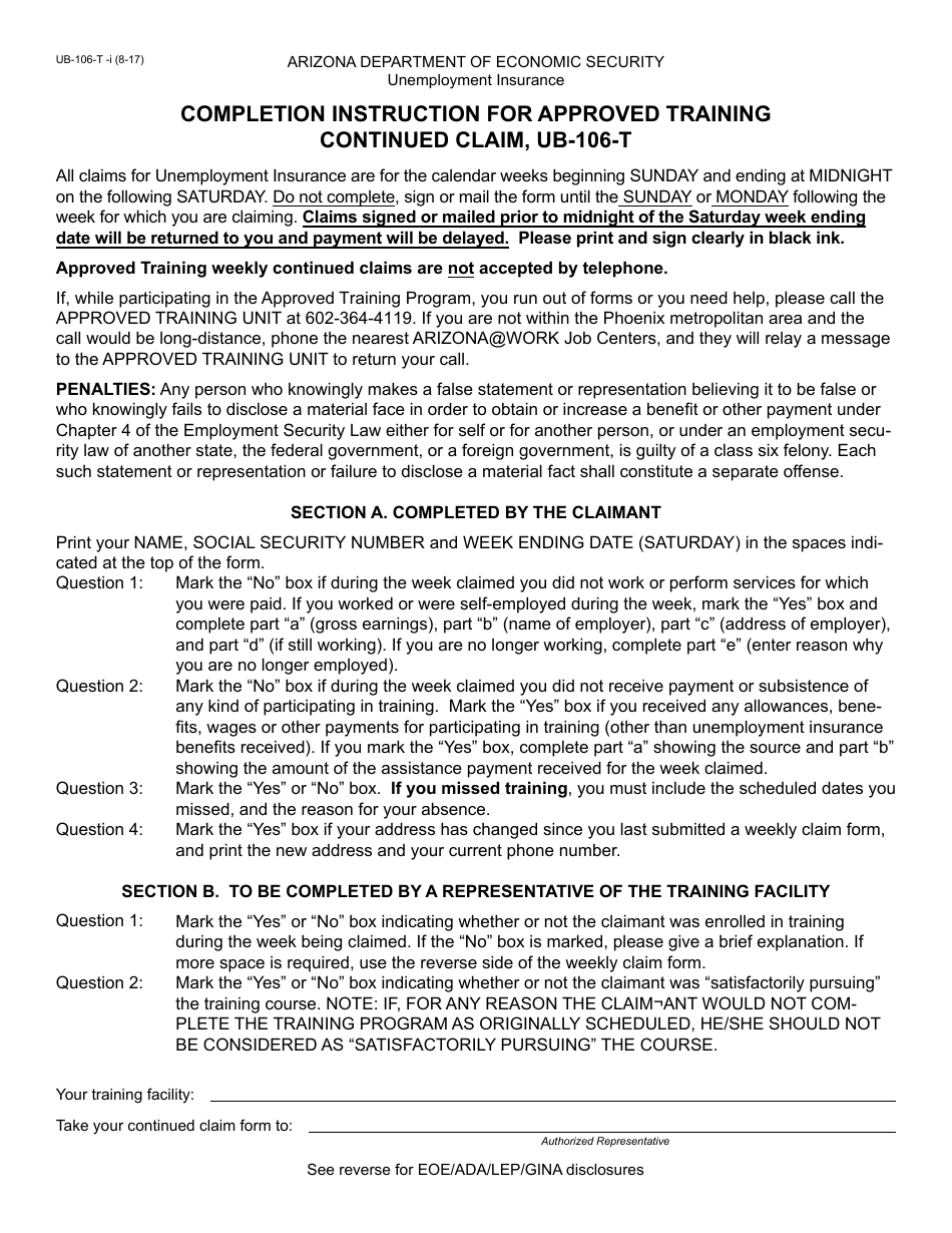 Instructions for Form UB-106-T Continued Claim - Arizona, Page 1