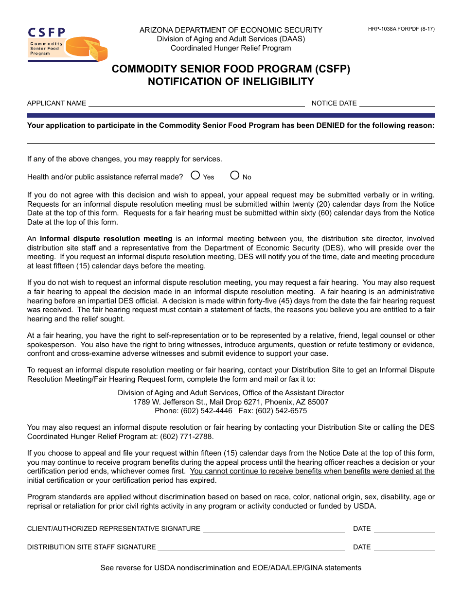 Form HRP-1038A FORPDF Commodity Senior Food Program (Csfp) Notification of Ineligibility - Arizona, Page 1