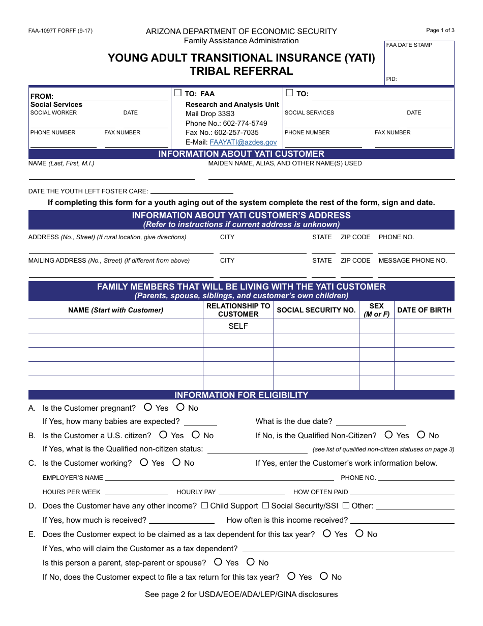 Form FAA-1097T FORFF Young Adult Transitional Insurance (Yati) Tribal Referral - Arizona, Page 1