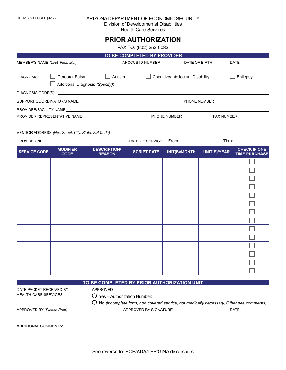 Form DDD-1662A FORFF Prior Authorization - Arizona, Page 1