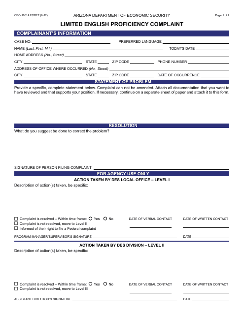 Form OEO-1001A FORFF Limited English Proficiency Complaint - Arizona