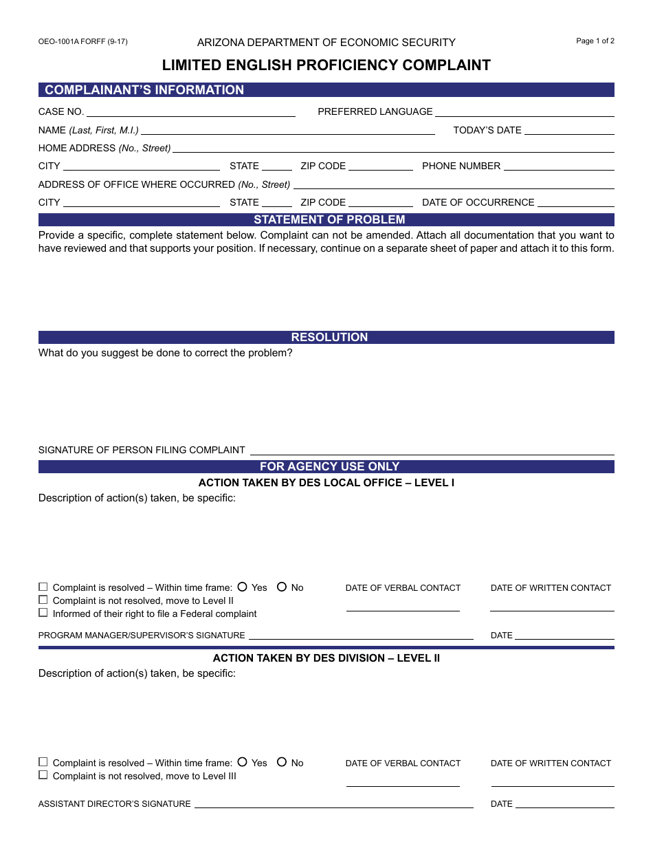 Form OEO-1001A FORFF Limited English Proficiency Complaint - Arizona, Page 1