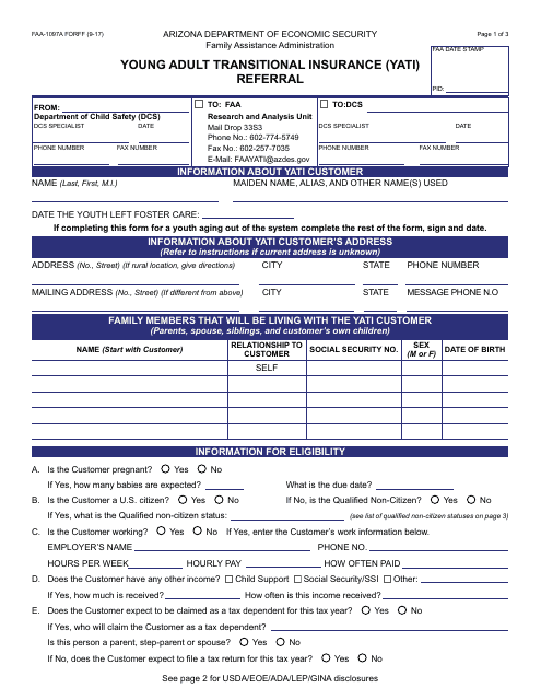 Form FAA-1097A FORFF Young Adult Transitional Insurance (Yati) Referral - Arizona