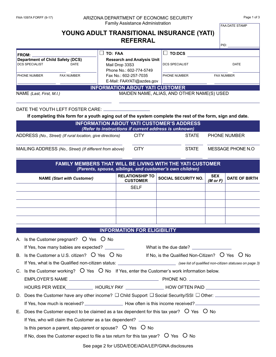 Form FAA-1097A FORFF Young Adult Transitional Insurance (Yati) Referral - Arizona, Page 1