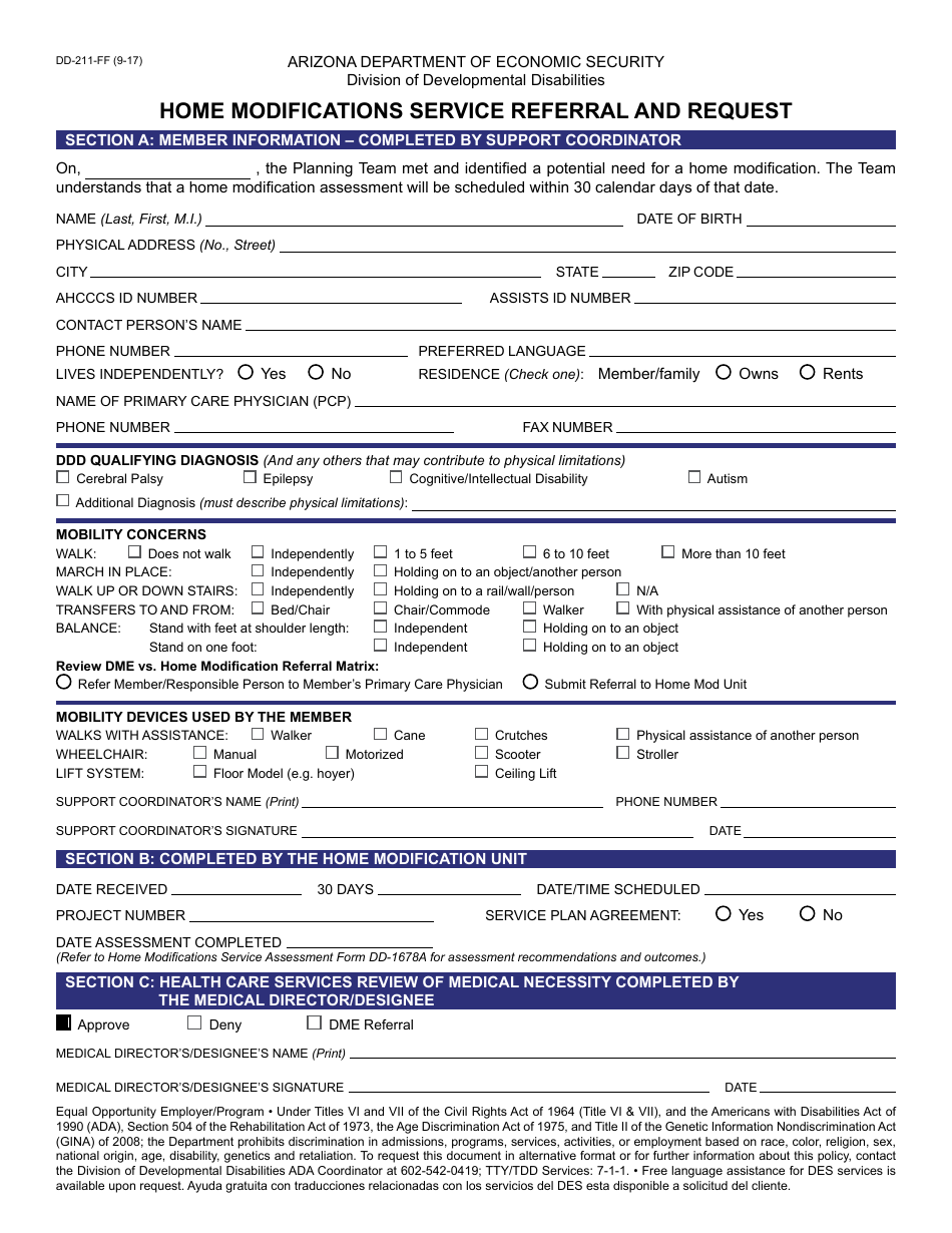 Form DD-211-FF Home Modifications Service Referral and Request - Arizona, Page 1