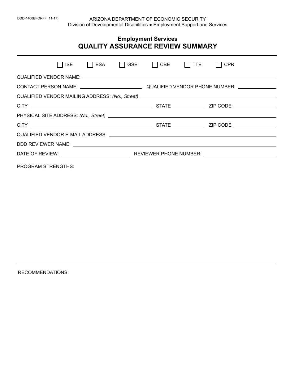 Form DDD-1400BFORFF Employment Services - Quality Assurance Review Summary - Arizona, Page 1