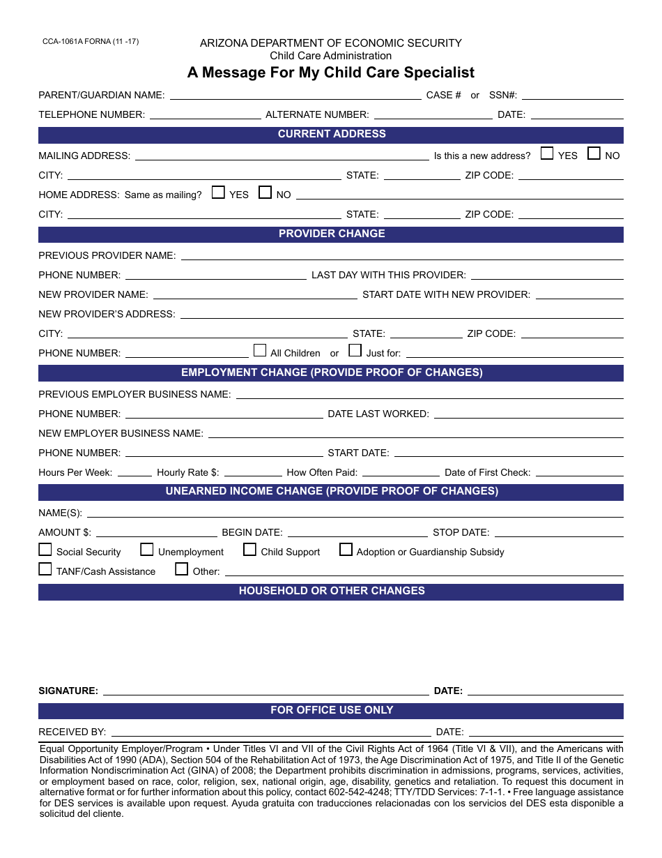 Form CCA-1061A FORNA A Message for My Child Care Specialist - Arizona, Page 1