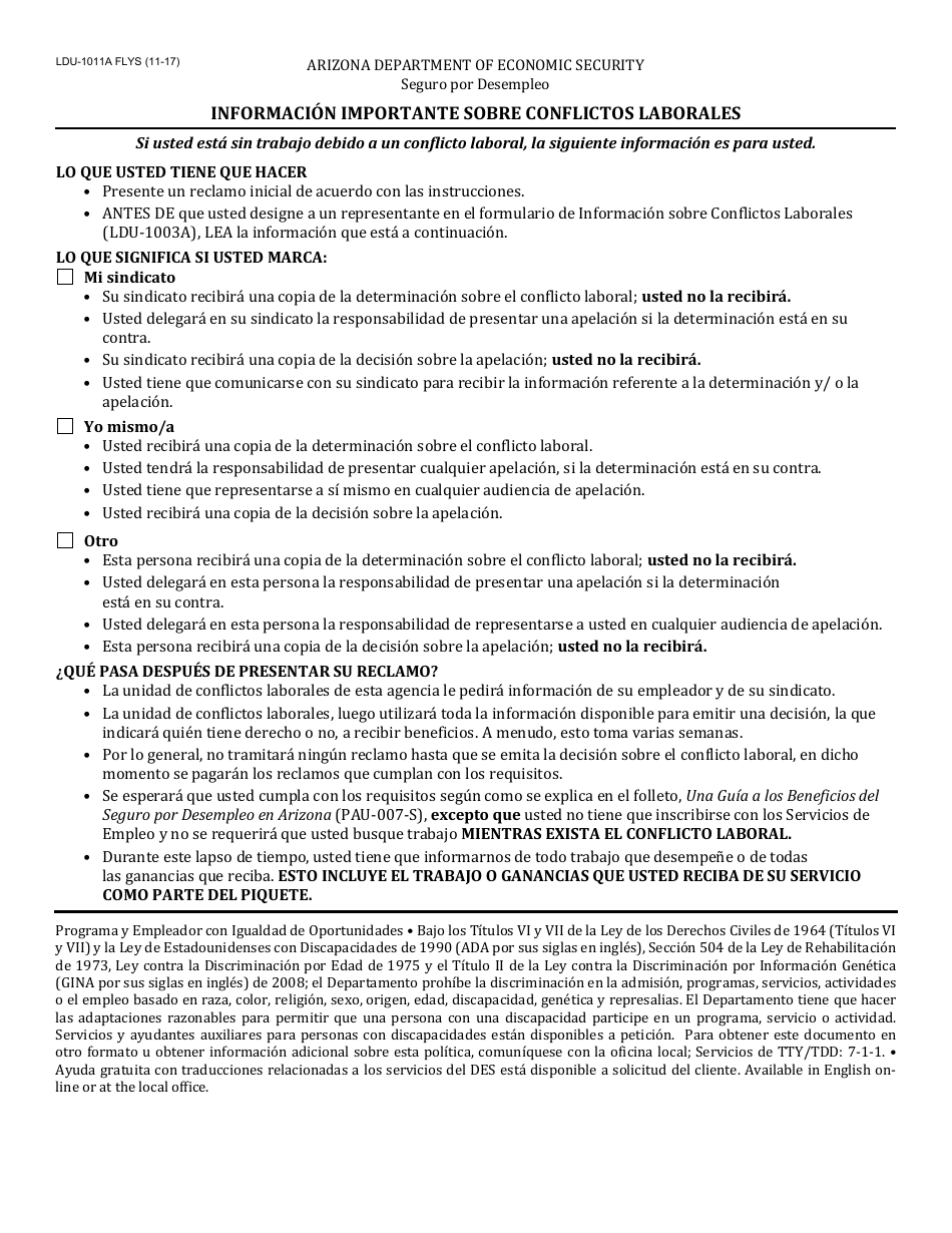 Instrucciones para Formulario LDU-1011A FLYS Informacion Importante Sobre Conflictos Laborales - Arizona (Spanish), Page 1