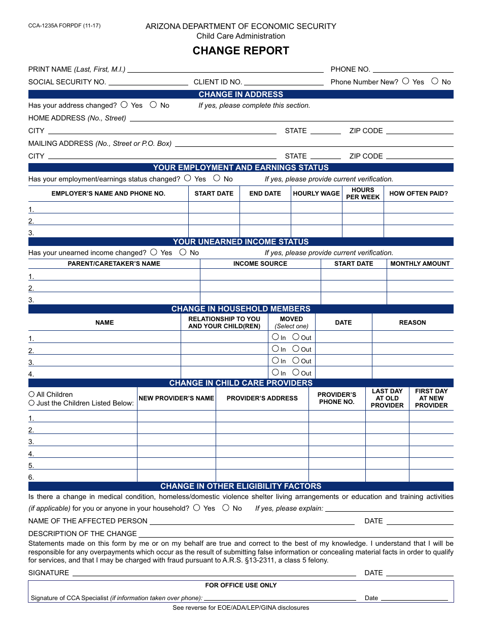 Form CCA-1235A Change Report - Arizona, Page 1