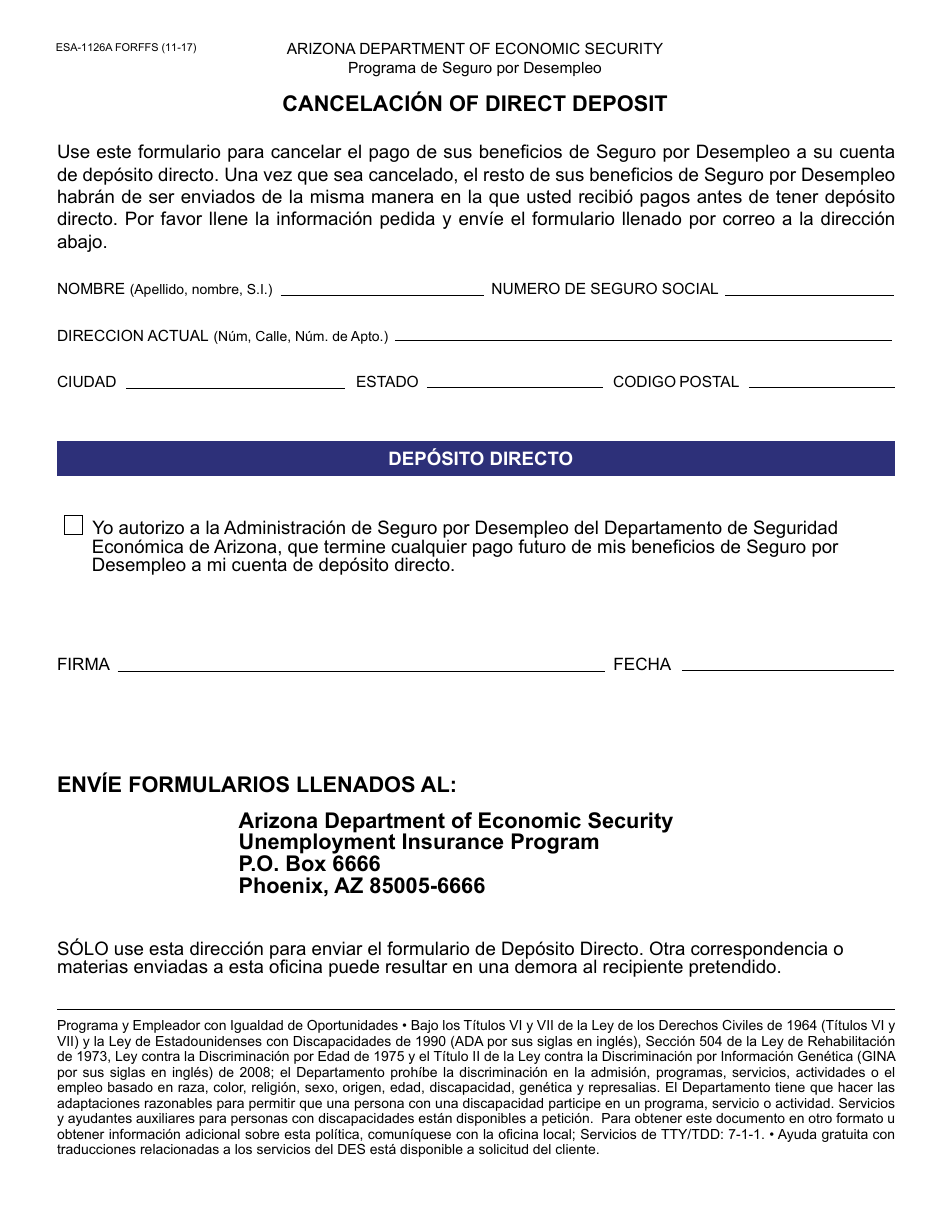 Formulario ESA-1126A FORFFS Cancelacion of Direct Deposit - Arizona (Spanish), Page 1