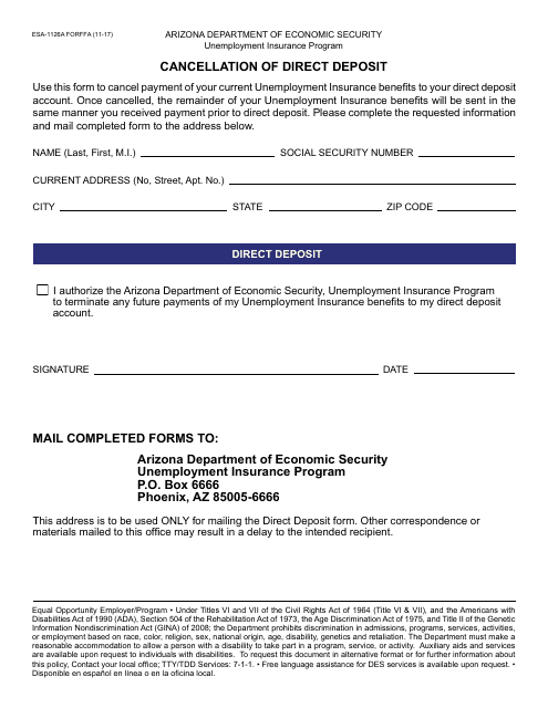 Form ESA-1126A FORFFA Cancellation of Direct Deposit - Arizona