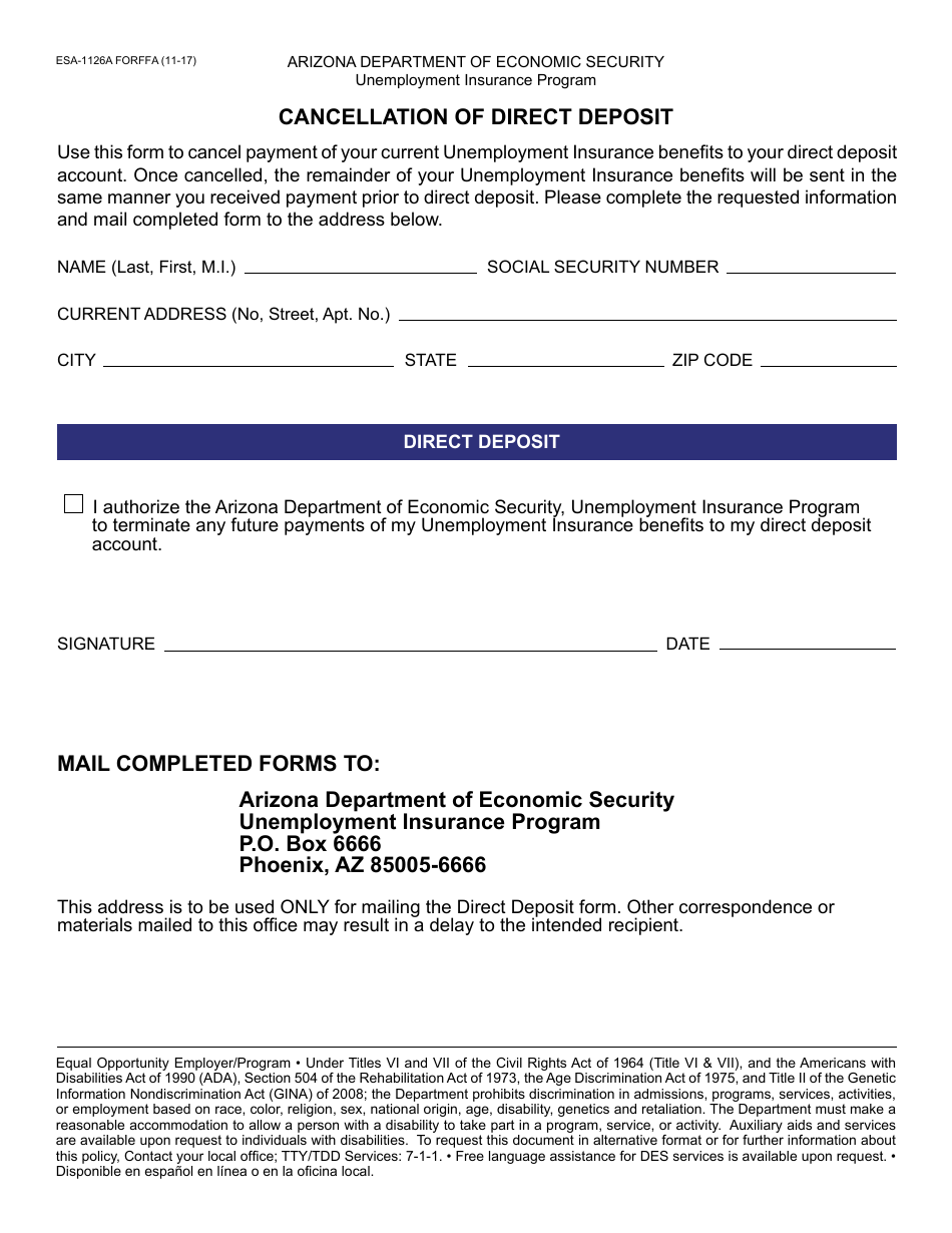 Form ESA-1126A FORFFA Cancellation of Direct Deposit - Arizona, Page 1