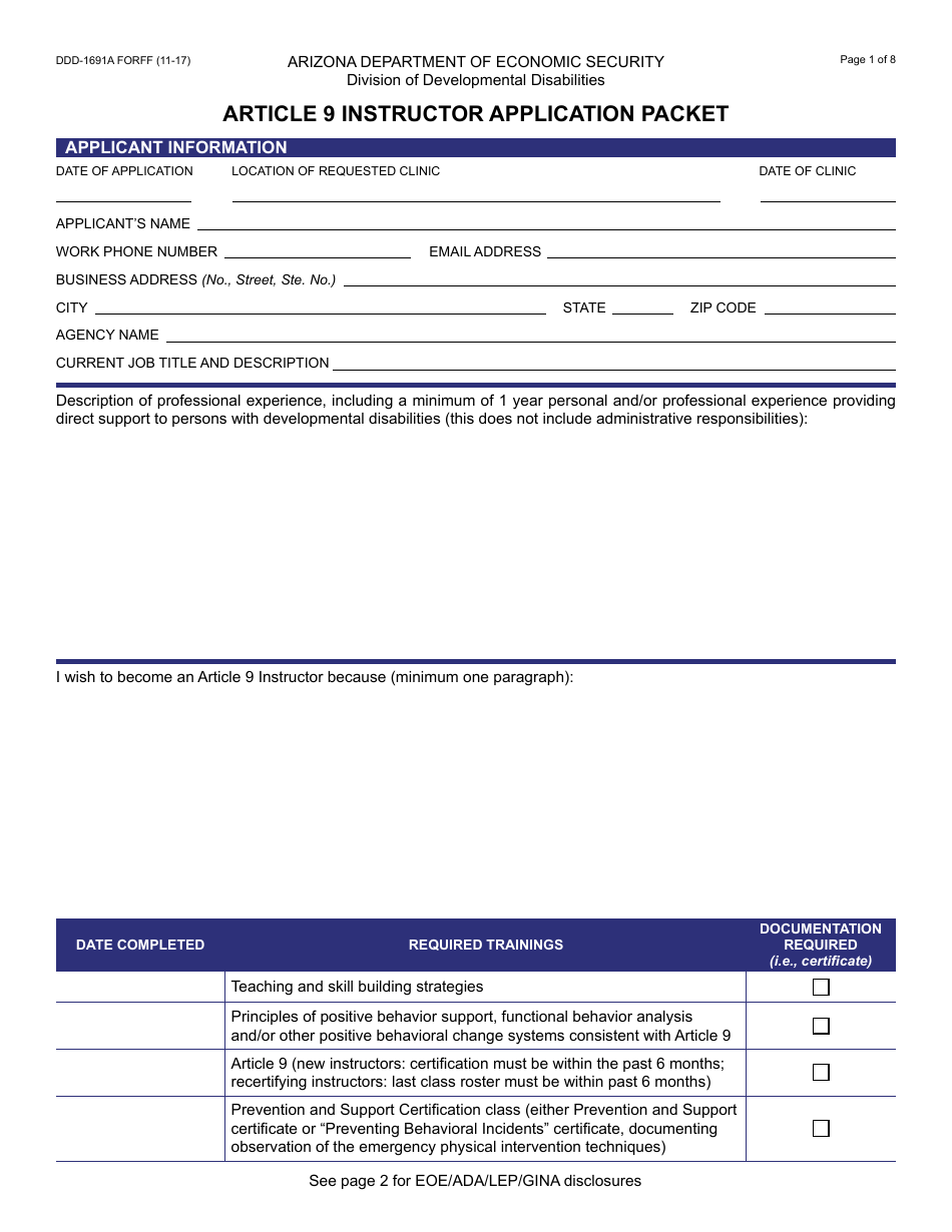 Form DDD-1691A FORFF Article 9 Instructor Application Packet - Arizona, Page 1