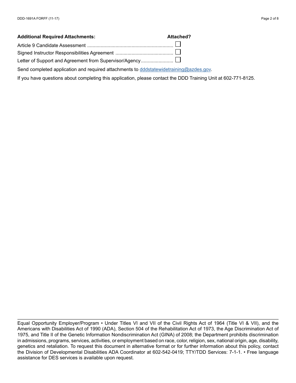 Form DDD-1691A FORFF Article 9 Instructor Application Packet - Arizona, Page 2