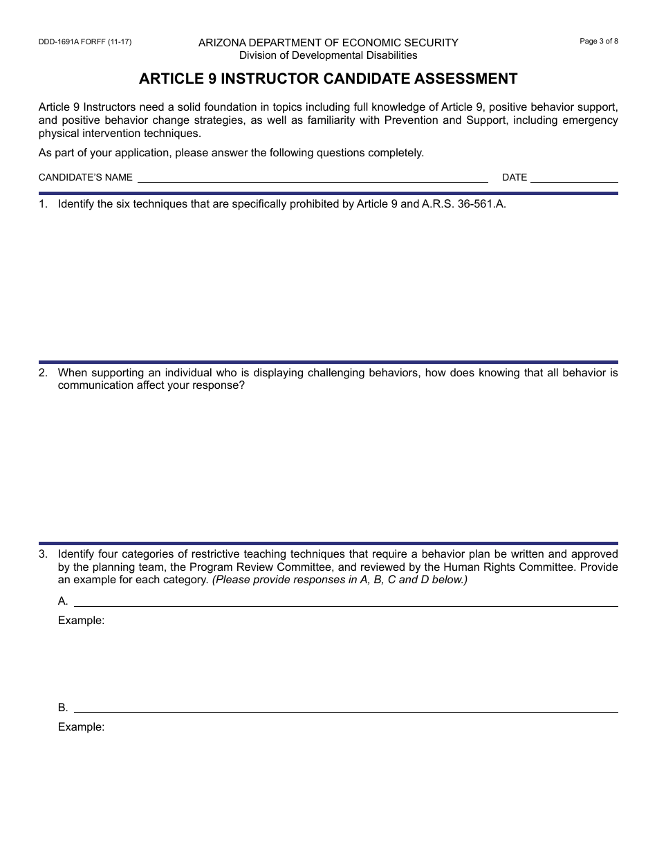 Form DDD-1691A FORFF Article 9 Instructor Application Packet - Arizona, Page 3