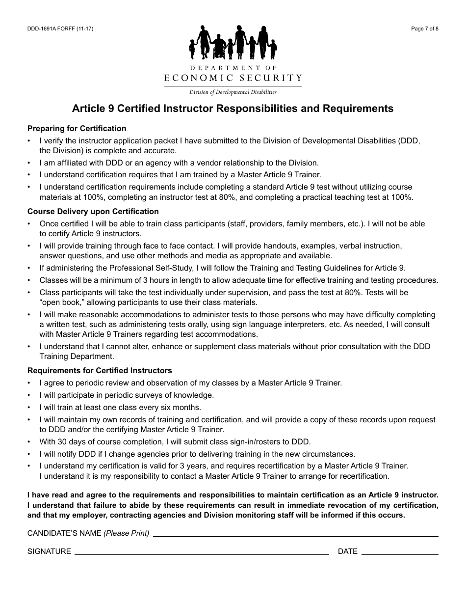 Form DDD-1691A FORFF Article 9 Instructor Application Packet - Arizona, Page 7