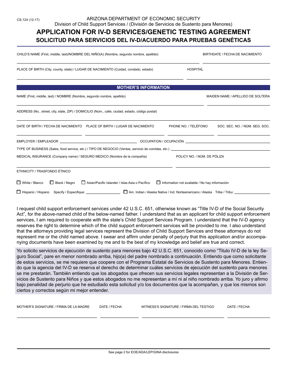 Form CS-124 Application for IV-D Services / Genetic Testing Agreement - Arizona (English / Spanish), Page 1